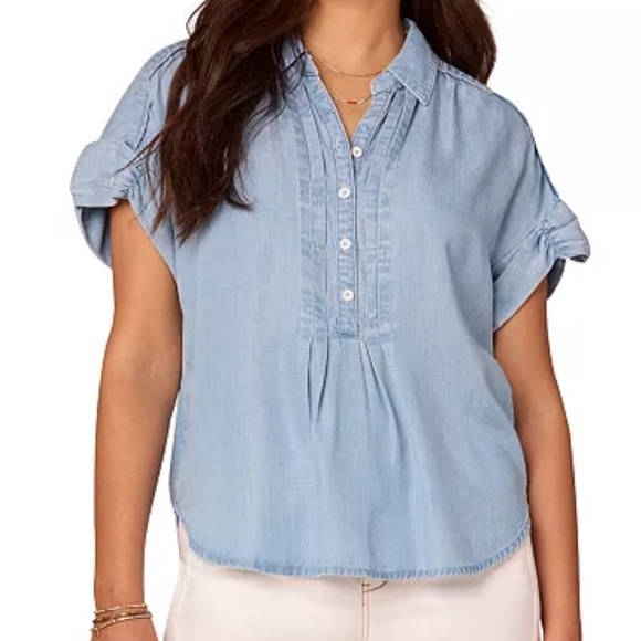 Democracy Tops - Democracy Blue Lyocell Ruched Sleeve Blouse Top